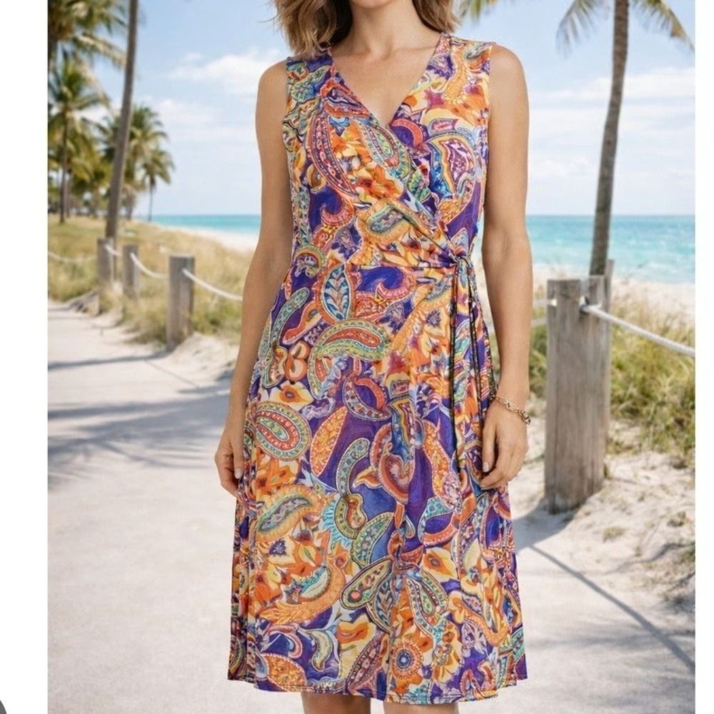 Lauren Ralph Lauren Faux Wrap Paisley Sleeveless Dress Purple Orange‎ Small